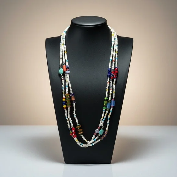 Vintage Ethnic Necklace Multi Strand Glass Gemstone Millefiori Trade Beads Boho